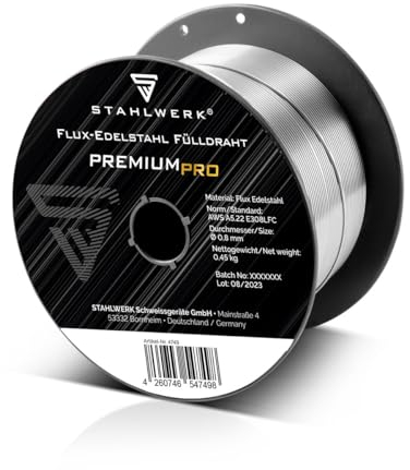 STAHLWERK FLUX alambre tubular de acero inoxidable - E308LFC 0,8 mm, 0,45 kg bobina de alambre D100, bobina de alambre para mandril de 16 mm, alambre de relleno, alambre de soldadura universal