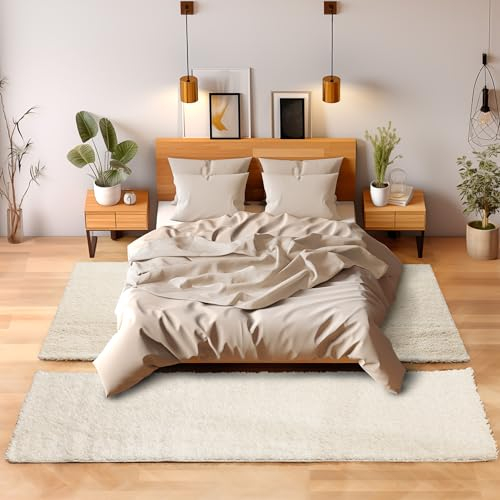 SIMPEX Bettvorleger Schlafzimmer Teppich Läufer Flur Teppich Küchenläufer Hochflor 3 Teiliger Set Bettumrandung Einfarbig Modernes Design Soft Flauschig & Extra Weich Farbe: Creme