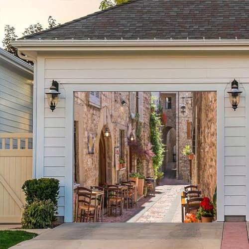 Leyiyi Bannière italienne de décoration de porte de garage de 2,1 x 2,4 m, pour voyage européen, centre-ville, rue, café, bâtiments vintage, toile de fond de garage pour lune de miel, remise de