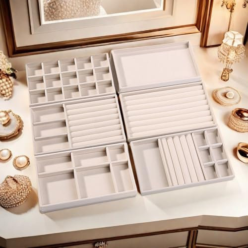 Cnwinu Jewellery Tray 6Pcs, Display & Storage Organiser, Stackable Jewellery Box, Holds Makeup, Necklace, Bracelet, Ring (Beige)