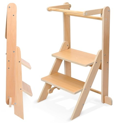 Torre de Aprendizaje Plegable, Torre de observación para niños de 1 a 5 años, Aprendizaje Montessori, ayudante de Cocina de Madera Natural, Segura y fácil de Montar (Capacidad de 50 kg)