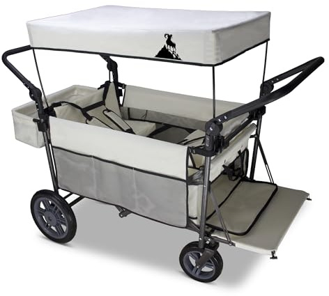 TOPWELL Folding Handcart Trolley, Folding Camping Wagon with Canopy & 2 Seats, Collapsible Beach Cart Foldable for Outdoor Garden Picnic Shopping 265LBS Capacity (Beige)