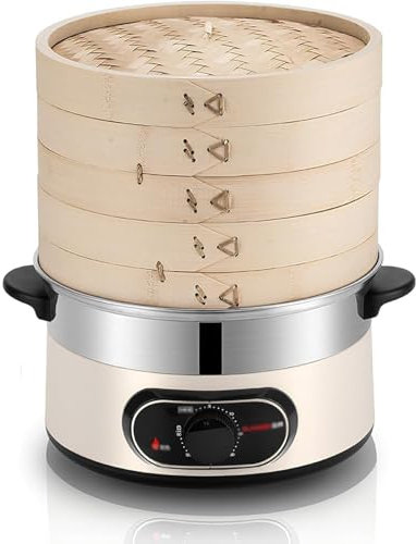 Mixtric Vaporiera Elettrica per Alimenti, con Vaporiera in bambù A 2 Livelli, con Timer da 60 Minuti, Spegnimento Automatico E Protezione Contro L'ebollizione A Secco,Argento