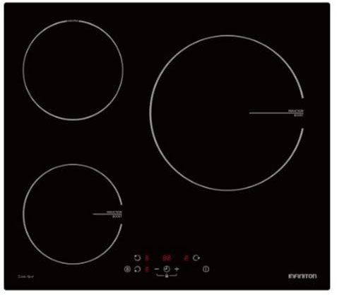 INFINITON - Placa, 3 Zonas, 9 Niveles de potencia, Modo Boost, Control táctil, Luz calor residual, Bloqueo intantíl (IND-A35F | Inducción 3 Fuegos)