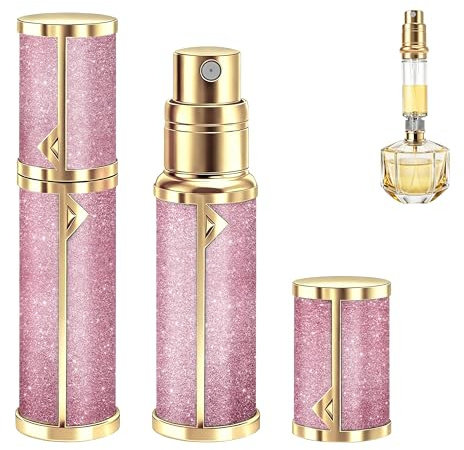 EYECURL 5ml Perfume Atomiser, Pocket Leakproof Perfume Travel Refillable bottle for Perfume Lovers Home Outdoor Business Trip (Pink/Gold, 8.5cm)