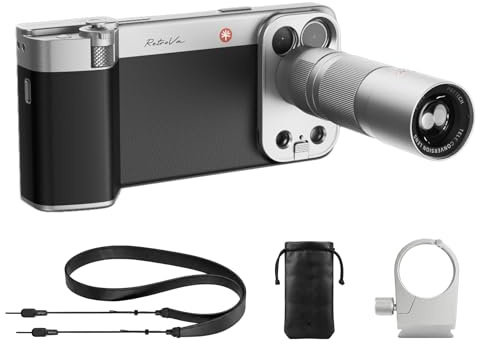 PGYTECH RetroVa Set de Regalo Todo en Uno para iPhone 17 Pro MAX, con Teleobjetivo 2.35x, Funda de Teléfono Vintage, Empuñadura Bluetooth, Ranura MicroSD, Rosca 1/4-20, Soporte para Trípode y Correa