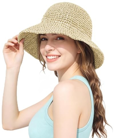 AYPOW Chapeau de Paille pour Femme Chapeau de Plage Protection UV Bob Femme Casquettes Anti-Soleil Respirant Pliable Bucket Hat pour Les Voyages et Vacances Eté