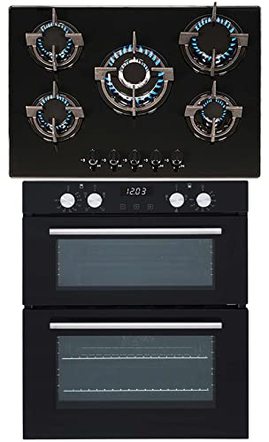SIA Built Under Double Electric Fan Oven & 70cm Black 5 Burner Gas On Glass Hob