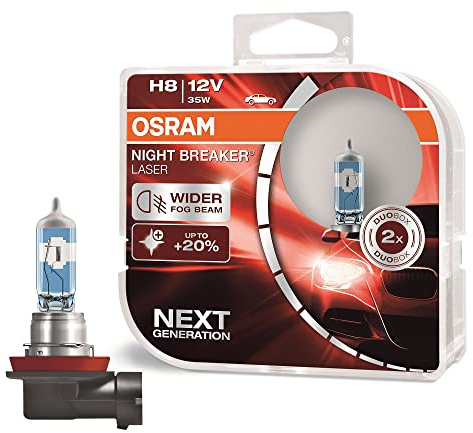 OSRAM NIGHT BREAKER LASER H8, +150% more brightness, halogen headlight lamp, 64212NL-HCB, 12V, duo box (2 lamps)