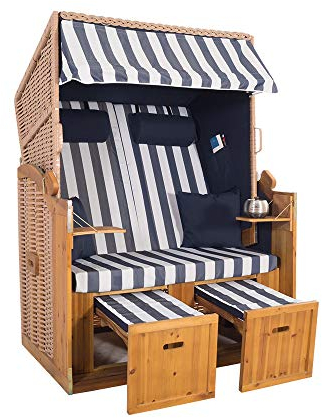 2-Sitzer Strandkorb Hörnum - Volllieger mit Fußablagen – inkl. Nackenkissen und Kuschelkissen Set - (Geflecht - Natur, Blau - Blockstreifen)