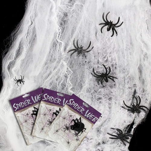 Maxee 80 g stretchiga spindelnät Halloween-dekorationsset, spindelnät med 20 spindlar, realistiska spindelnät för Halloween-skräck utomhus inomhus dekoration & festtillbehör trädgård spökhus