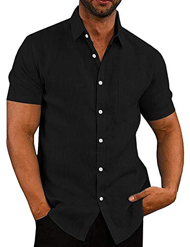 Coofandy Herr casual button down skjorta långärmad linne chambray skjorta, Kortärmad – mörk svart, M