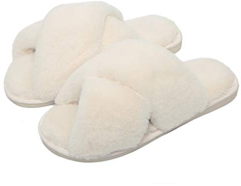 Fadezar Hausschuhe Damen Winter Plüsch Pantoffeln Warme rutschfeste Flache Flip Flop Bequeme Flauschige Hausschuhe für Damen Weiß,EU 39-40