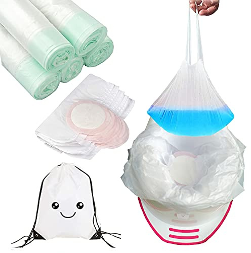 80 Potty Liners, Includes - 30 Disposable Travel Potty Liners with Absorbent Pads and 50 Potty Bags, Packaged in a Backpack for Potty Training.