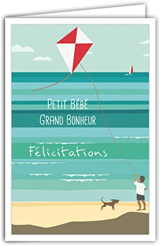 69-4336 Carte Félicitations Petit Bébé Grand Bonheur avec Enveloppe pour Naissance Baptême Adoption Anniversaire Garçon Cerf-Volant Chien Rétro Vintage - Affichette Mini Posters Format 17x11,5cm