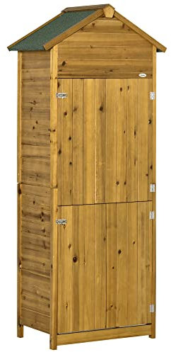 Outsunny Armario de Jardín de Madera 79x49x191,5 cm 0,28 m² Cobertizo para Almacenaje de Herramientas con Techo Asfáltico 3 Estantes y 2 Puertas con Cerrojo para Exterior Terraza Natural