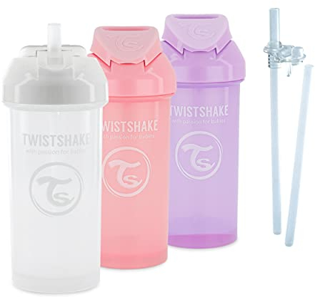 Twistshake Kindertraining Trinkbecher-Set – 4-teilig | 3 x Trinkbecher mit Strohhalm – 2 x Strohhalme – 1 x Strohbechersiegel | Auslaufsichere Babywasserflaschen | 6+ Monate | Rosa Lila