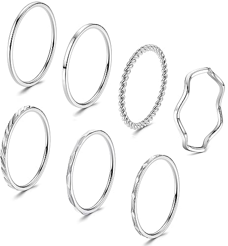 JeweBella 7 Stück Ringe Silber für Damen Edelstahl 1MM Plain Dünn Midi Fingerring Minimalistisch Daumenringe Set Stapelbarer Knuckle Ringe Silber Einfaches Twist Ringe Frauen