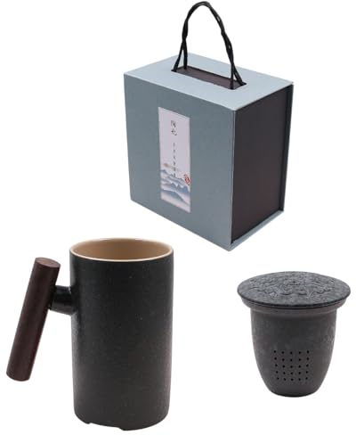 NUZAMAS Tazza da caffè vintage realizzata a mano in ceramica stile giapponese, manico in legno, tazza in ceramica con filtro e coperchio, separazione dell'acqua, tazza per brodo per stoviglie in