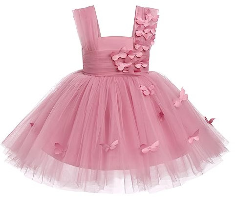 Robe Bapteme Bebe Fille 1er Anniversaire Princesse Papillon Tutu Tulle Sans Manches Bébé Enfant Robe de Fête Mariage Soiree Fillette Fleurie Formelle Robe de Soirée Été Vêtements Rose foncé 18-24 Mois