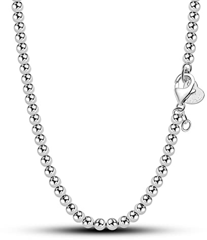 Dankadi Collana di Perle in Argento 925 Larga 4MM 6MM, Senza e Con Ciondolo Campanello Cuore, 18-32/45-81CM Collana di Sfere Dorate Oro Regalo per Donna Uomo, 24, Argento sterling