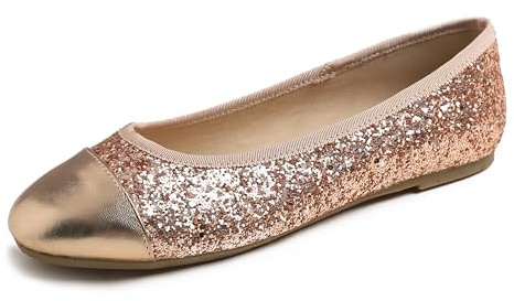 Feversole Damen Klasssische Ballerinas Lack Balerinaschuhe Flach Damenschuhe Roségold Zehenkappe EU 40