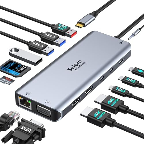 Selore Docking Station USB C Dual Monitor Docking Station per Notebook Docking Station 14 in 1, 3 Monitor con 2 HDMI, VGA, 10G USB A/C, 100W PD, 6 Porte USB A/C,
