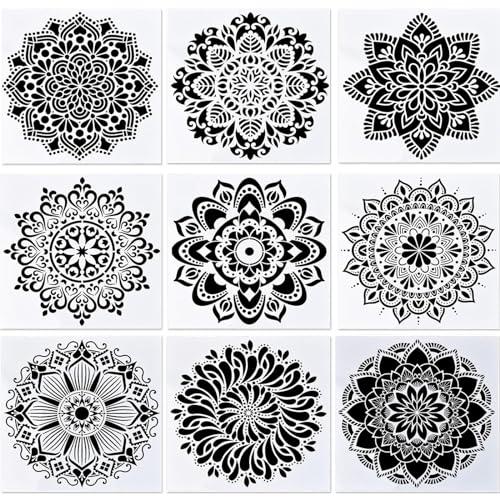 FENGQQKJ Schablonen Wandgestaltung Groß Mandala Schablonen Stencils Set 9 Stück Schablone Blumen Malerei Wandschablonen DIY Malerei Vorlage Zeichenschablonen für Basteln Backen