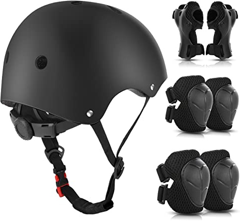 WayEee Kids Helmet and Pads Set Age 3-10 Years, Adjustable Kids Bike Helmets, Boys & Girls Kids Skateboard Helmet, Knee, Elbow &Wrist Pads Set, for Cycling, Roller Skating, Skateboard(Black)