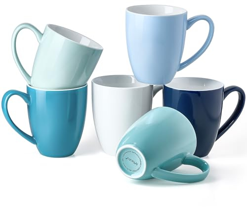 Porcelain Coffee Mugs Set of 6, 13 Ounce Coffee Cups with Handle, Ceramic Tea Mugs for Latte, Hot Tea, Cappuccino, Mocha, Cocoa, Blue Assorted Colors Mug Gift Set, Dishwasher and Microwave Safe