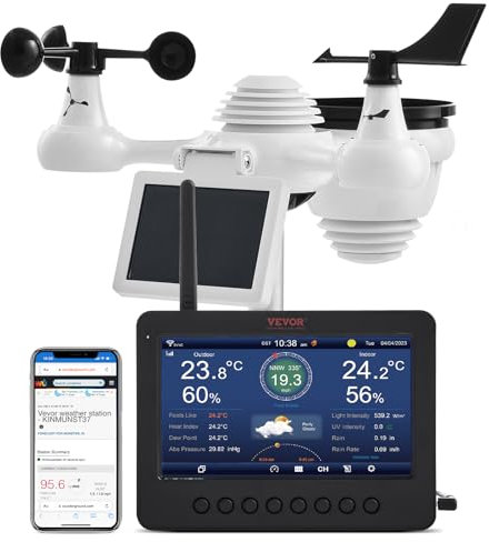 VEVOR Stazione Meteorologica Wireless 7 in 1 con Wi-Fi, Display TFT Colorato 158 mm, Sensore Esterno Alimentato a Energia Solare, Include Temperatura Umidità Velocità Direzione Vento Precipitazioni