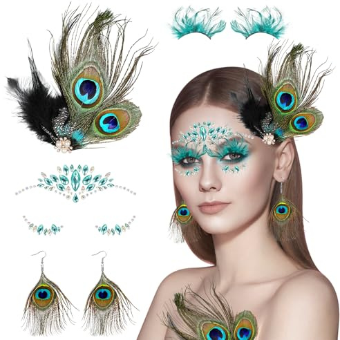 HIFOT Vintage Plumas Para el Pinzas Pelo Pestañas Postizas Pendientes Plumas Mujer Brillantes Para la Cara de Gemas 1920s Tocados de Plumas Para el Pelo Maquillaje Festival Accesorios 4 Piezas