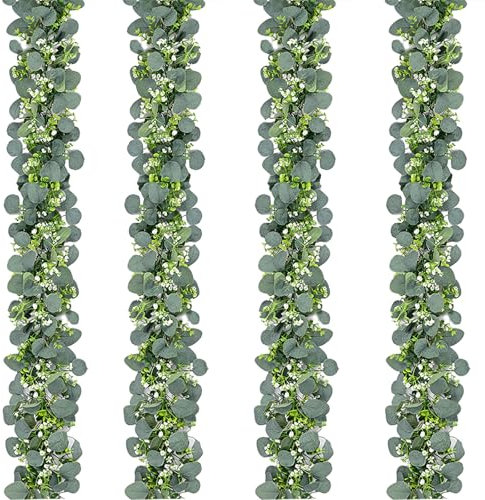 SEBOVIM 4Pcs Eucalyptus Garland,5.9FT Artificial Greenery Garland with Flowers,Artificial Faux Eucalyptus Leaves Vines for Table Home Wedding Arch Party Decor