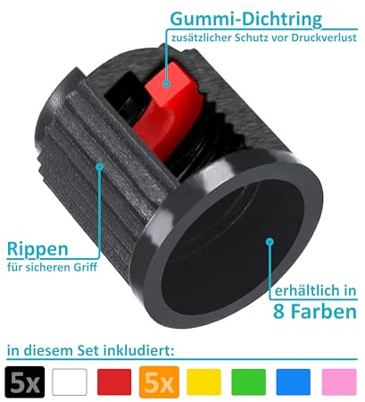 10 Ventilkappen aus Kunststoff (je 5 orange & schwarz) mit Gummi-Dichtring