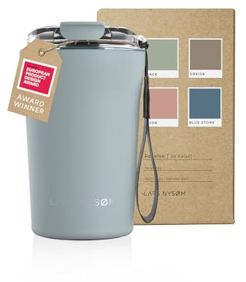 LARS NYSØM Taza térmica café para llevar con correa y Tapa Tritan | Termo Café de 0,38 litros con aislante | Travel mug de acero inoxidable a prueba de fugas (Sky Blue, 380ml)