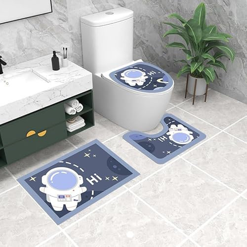 Badezimmerteppich Grauer Blauer Astronaut WC Vorleger mit Ausschnitt WC Deckelbezug 3 Teiliges WC Teppich rutschfeste Badgarnitur U förmiger Badematte Waschbar Bad Teppiche Set 50x80 cm