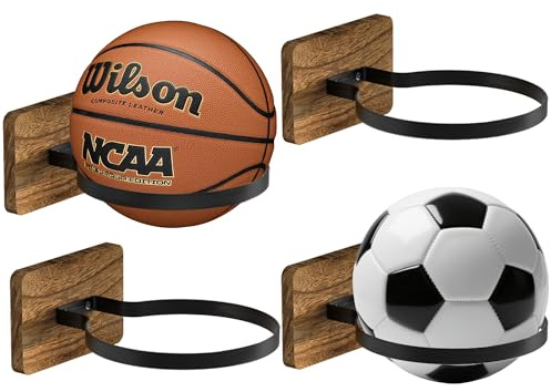 Daoun Basketball Holder Wall Mount with Wooden Base, 4 Pcs Ball Storage Holder for Football Basketball Soccer Rugby Display Rack - Boys Sports Accessories Organizer