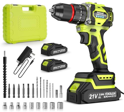 VOERJIA 21V Brushless Cordless Drill, 750W Electric Drills with 2 Batteries 2000mAh, 20+3 Torque Battery Drill, 3/8 Chuck, 60N.m Max, 2 Speed LED Drill Set, 29Pc DIY Power Drills Cordless