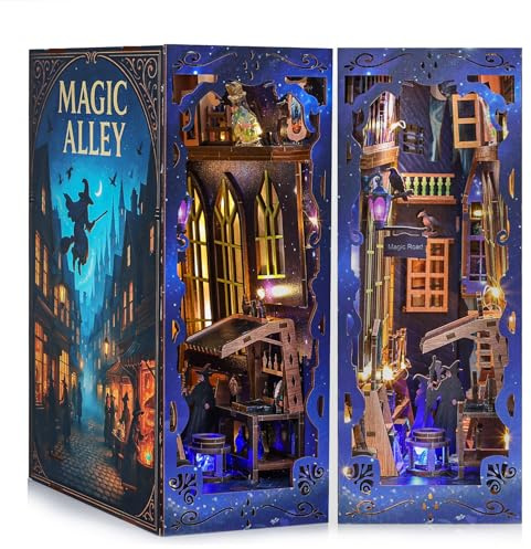 Magic Alley Book Nook Kit - DIY Miniature House Kit for Adults, Teens and Beginners, Magic Miniature Diorama with LED Light, 3D Wooden Puzzle Bookend Bookshelf Insert Decor, Gifts for Fantasy Lovers