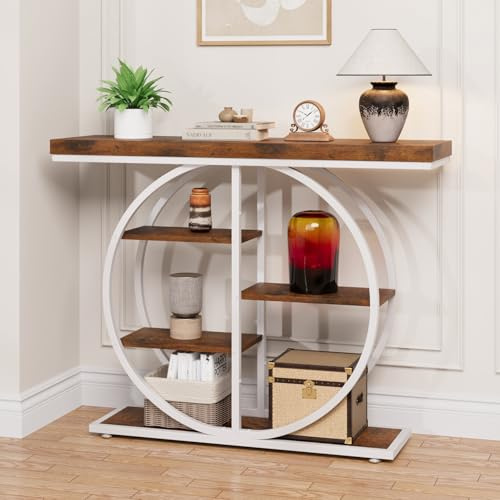 JUSTOGO Table console design industriel 105 cm, table d'appoint étroite avec 5 étagères, table de canapé en bois, table de couloir en métal, table d'entrée, buffet pour couloir, salon, blanc