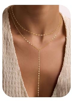 Turandoss guld lång Y-kedja dam – delikat lång 14K förgylld Y-formad lassokedja flera rader/pärlor/zirkonia/kors halsband trendiga smycken guld för kvinnor kvinnor flickor, 38.1 cm, Koppar
