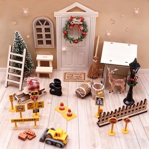 HNLMZ tomtedörr tillbehör julset, tomtedekoration trä miniatyr med byggplats tomtehus pysselset för jul, tomtedörr komplett set för gör-det-själv juldekoration hemma