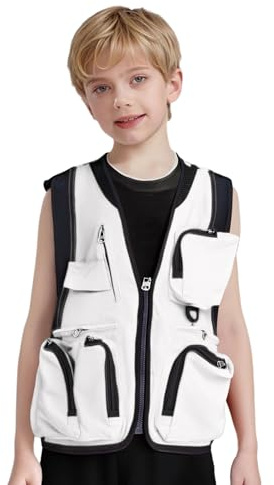 Moggemol Kids Boys Girls Utility Fishing Vest Outdoor Fishing Work Cargo Jacket Multi Pockets White 8-12 Years