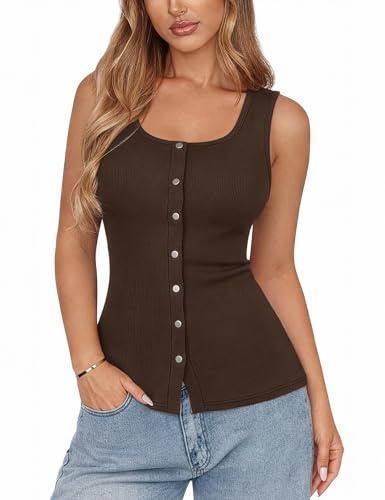 Aottori Top da Donna Senza Maniche Girocollo Canotta Estive a Coste Slim Fit con Bottoni Tank Tops Casual Sexy Canottiera Moda Marrone S