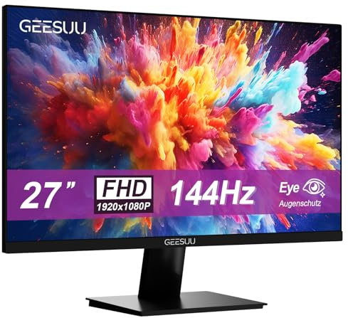 GEESUU Monitor PC 27 Pulgadas, Computer Gaming Pantalla Ordenador 144Hz, Full HD, VESA 75x75mm, VA, 99% sRGB, Baja Luz Azul, HDMI 2.0, DP 1.2