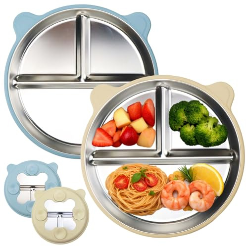 Qibivfo 2 piatti per bambini in acciaio inox con ventosa, a prova di caduta, con custodia in silicone rimovibile, lavabili in lavastoviglie