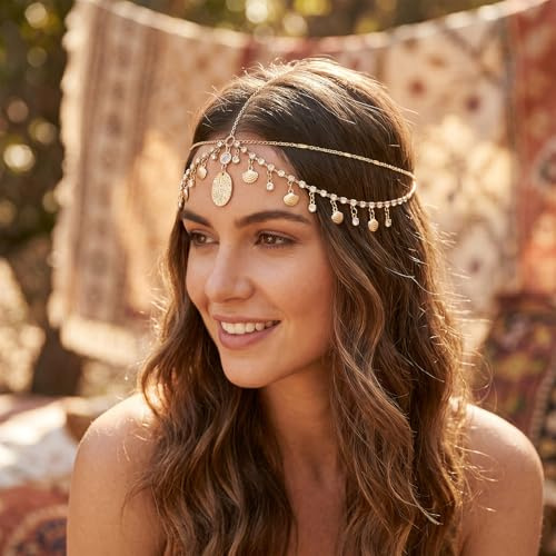 Gold Headpiece Shells Rhinestone Sequin Egyptian Head Chain | Gold Bohemian Layered Festival Costume Headpieces Egyptian Prom Accessories Headbands for Women Festival Prom Wedding