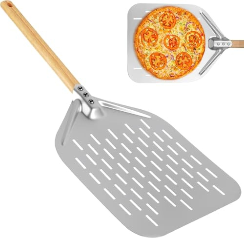 ZoraYorce 40 x 30 cm 12 tum perforerad aluminium pizzaspade non-stick pizzaspade med löstagbart trähandtag multifunktionell pizzabröd pusher perfekt för hemgjord bakning och servering