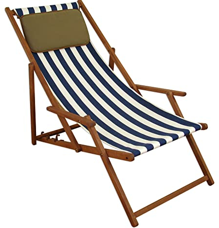 Erst-Holz Liegestuhl blau-weiß Gartenliege Kissen Strandstuhl Sonnenliege Deckchair Buche klappbar 10-317KD