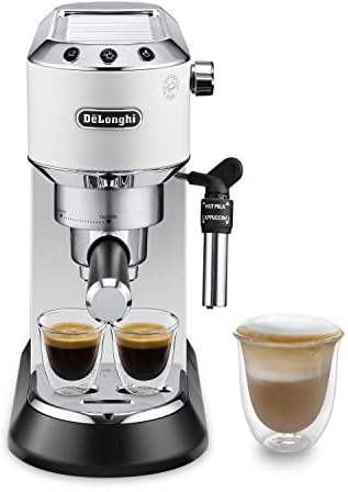 De'Longhi Dedica EC685.W Macchina Caffè Espresso Manuale, Caffè Polvere o Cialde E.S.E., Montalatte classico per Cappuccini, Spegnimento Automatico, Serbatoio 1L, Filtro Singolo/Doppio, Bianco